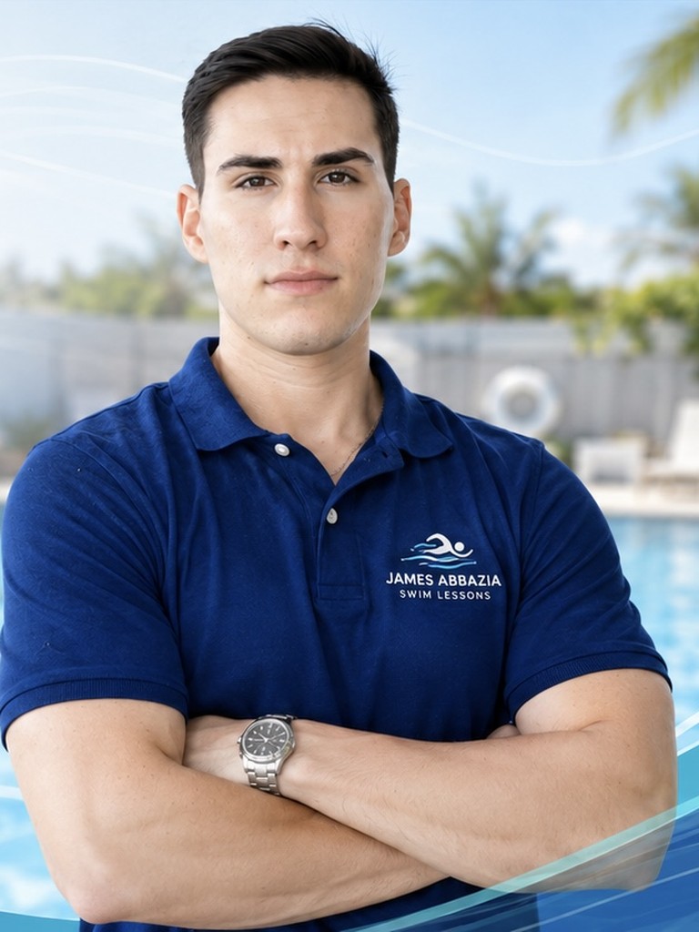 Coach James Abbazia, swim instructor, poolside